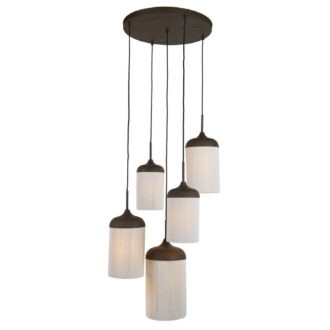 Hanglamp 5L Ø50x32 cm DANIA hout print d bruin+touw crème