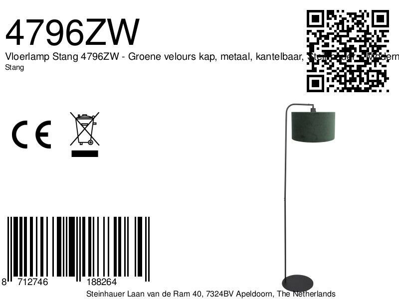 Vloerlamp Stang 4796ZW met groene velours kap - Afbeelding 7