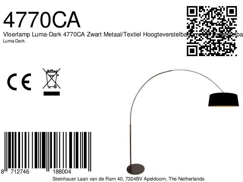 Booglamp Luma Dark 4770CA cacao met zwart linnen kap warm chic - Afbeelding 8
