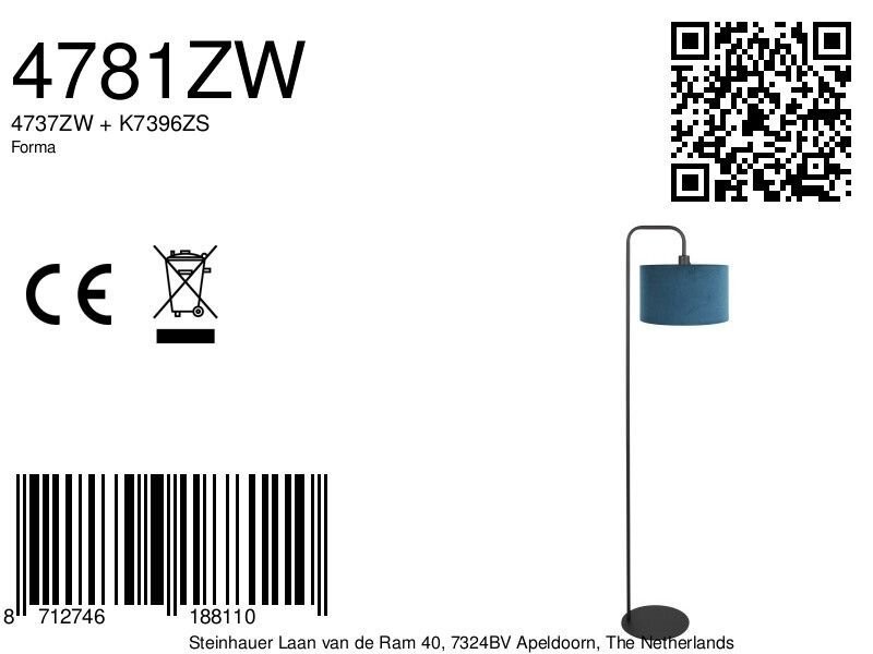 Vloerlamp Stang 4781ZW zwart met blauwe velours kap - Afbeelding 7