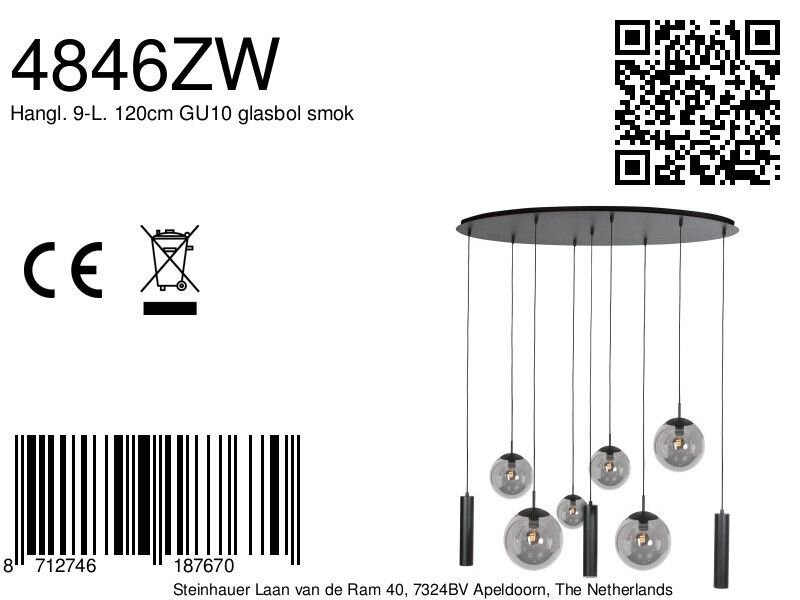 Zwarte hanglamp Bollique 4846ZW, 9-lichts design voor eettafel - Afbeelding 9
