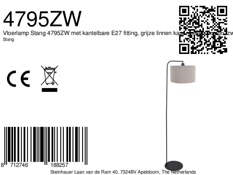 Vloerlamp Stang 4795ZW met grof grijze linnen kap - Afbeelding 7