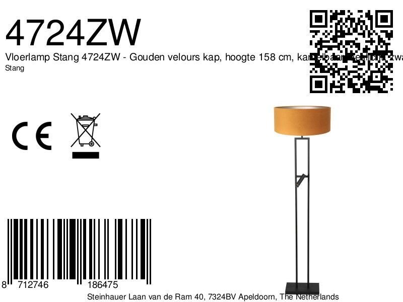 Vloerlamp Stang 4724ZW met gouden velours kap en leeslicht - Afbeelding 7