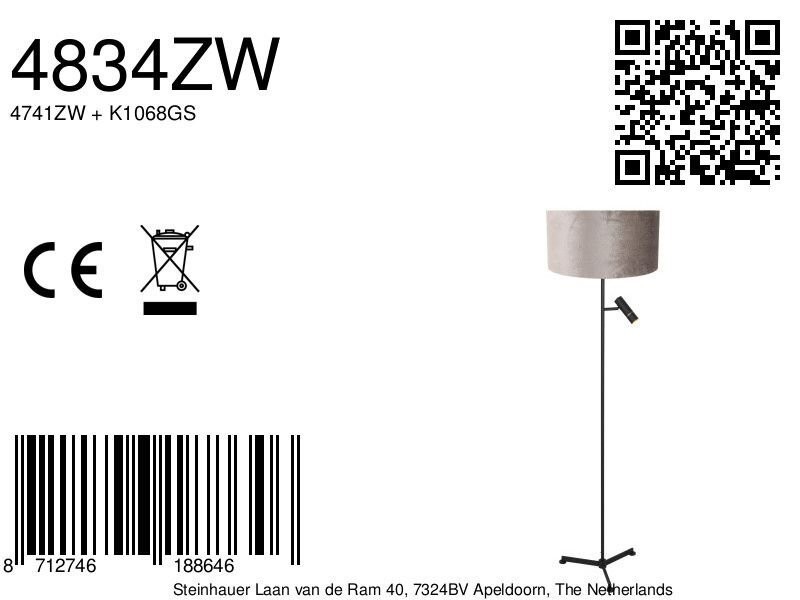 Vloerlamp Stang 4834ZW met leeslicht en grijze velours kap - Afbeelding 7