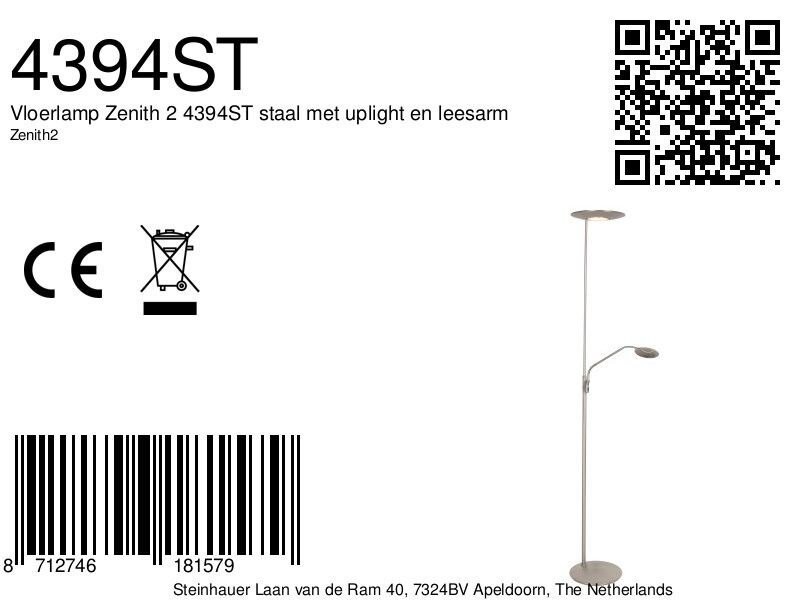 Vloerlamp Zenith 2 4394ST staal met uplight en leesarm - Afbeelding 7