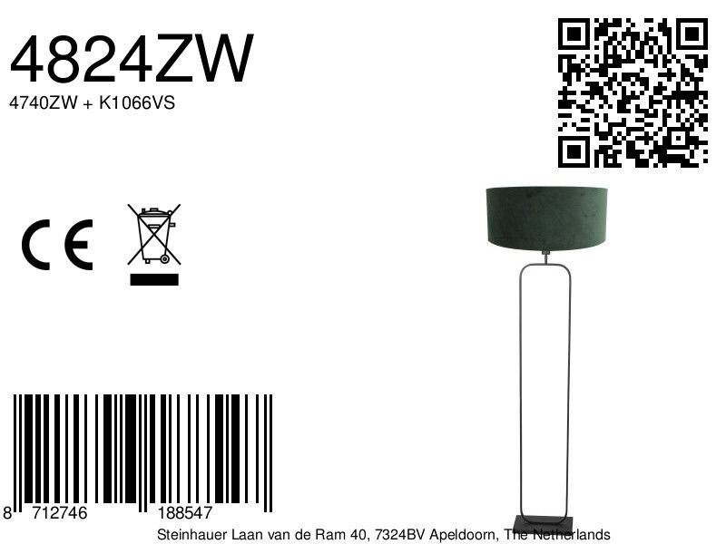 Vloerlamp Stang 4824ZW - zwart armatuur met groene velours kap - Afbeelding 7