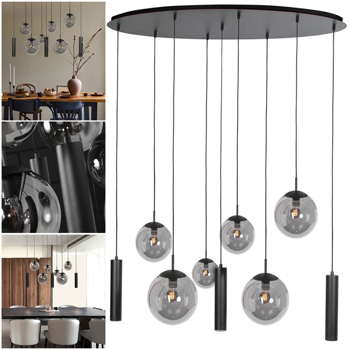 Zwarte hanglamp Bollique 4846ZW, 9-lichts design voor eettafel - Afbeelding 13