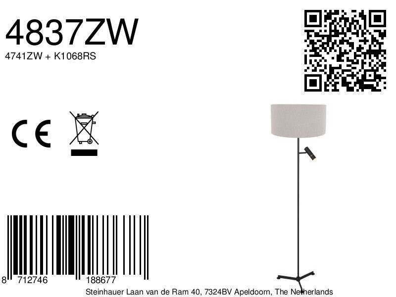 Vloerlamp Stang 4837ZW met leeslicht en grijze kap - Afbeelding 7