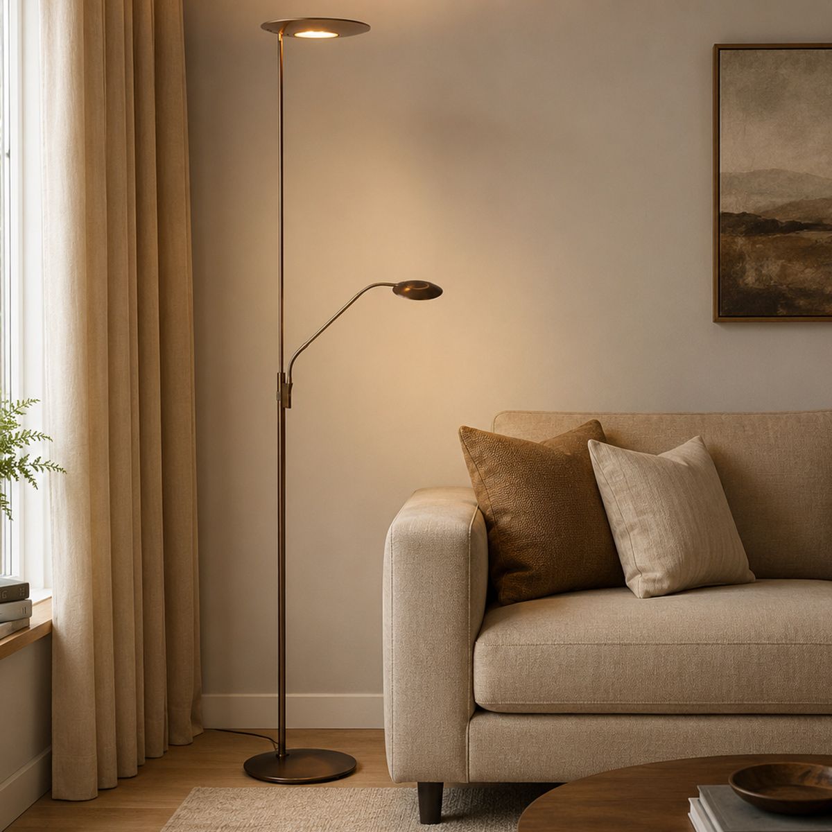 Bronskleurige vloerlamp Zenith 2 4394BR – Dimbare uplighter met leesarm en afstandsbediening - Afbeelding 2