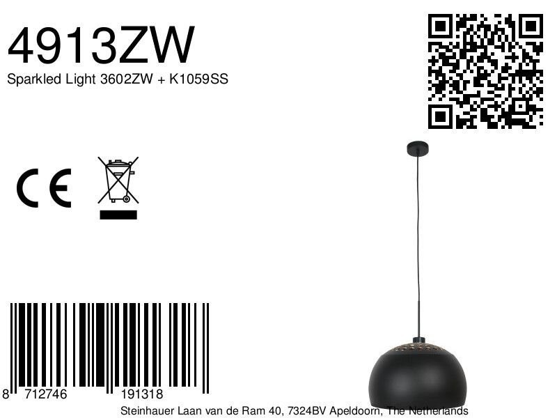 Hanglamp Globe Black 4913ZW zwart/goud Ø40 sfeervolle pendel - Afbeelding 7