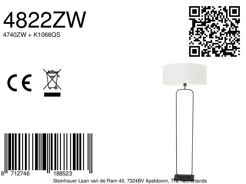 Vloerlamp Stang 4822ZW - zwart armatuur met wit linnen kap - Afbeelding 7