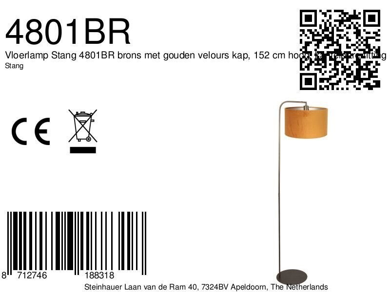 Vloerlamp Stang 4801BR met gouden velours kap - Afbeelding 7