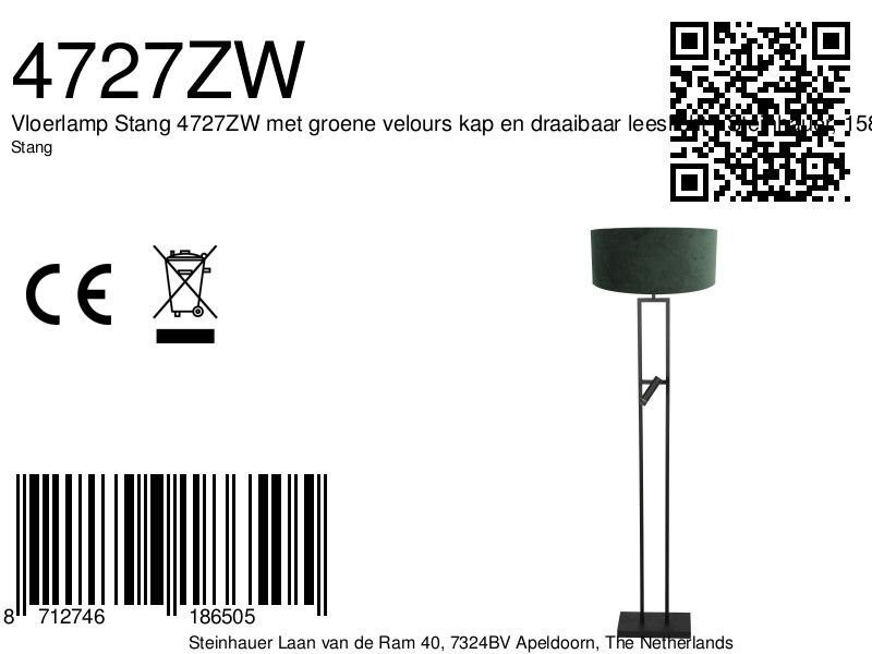 Vloerlamp Stang 4727ZW met groene velours kap en leeslicht - Afbeelding 8