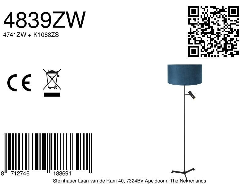 Vloerlamp Stang 4839ZW met leeslicht en blauwe velours kap - Afbeelding 7
