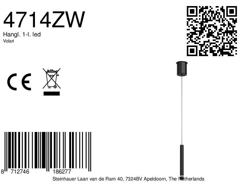 Hanglamp Volari 4714ZW zwarte pendellamp met cable lift - Afbeelding 6