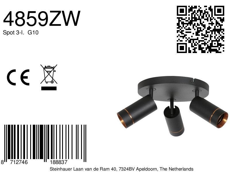 Zwarte spot Downlume 4859ZW, 3-lichts GU10 plafondspot - Afbeelding 6