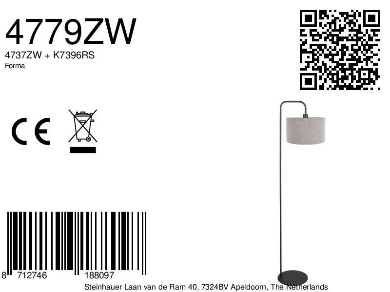 Vloerlamp Stang 4779ZW zwart met grof grijs linnen kap - Afbeelding 8