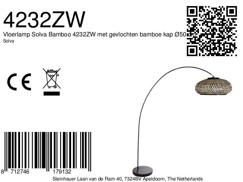 Vloerlamp Solva Bamboo 4232ZW met gevlochten bamboe kap Ø50 cm - Afbeelding 8