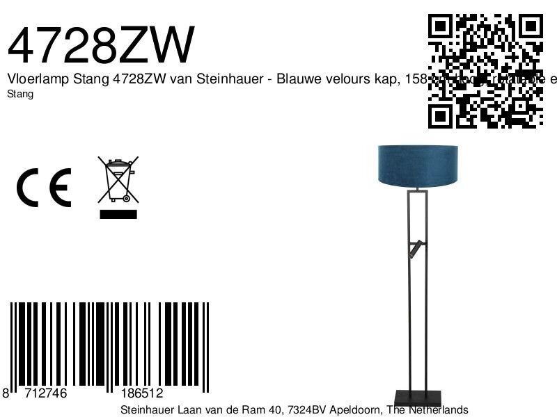 Vloerlamp Stang 4728ZW met blauwe velours kap en leeslicht - Afbeelding 7