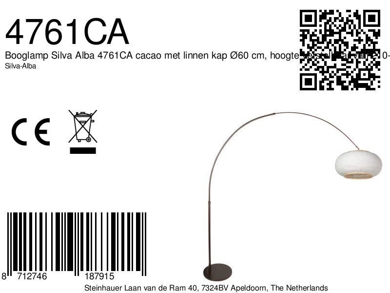 Booglamp Silva Alba 4761CA cacao met linnen kap Ø60 cm - Afbeelding 7