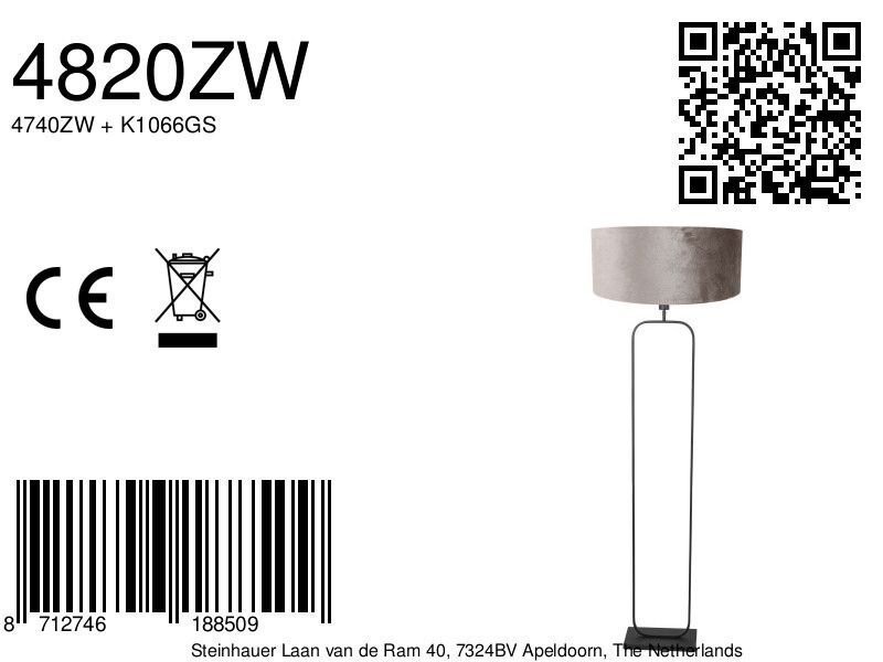 Vloerlamp Stang 4820ZW - zwart armatuur met grijze velours kap - Afbeelding 7