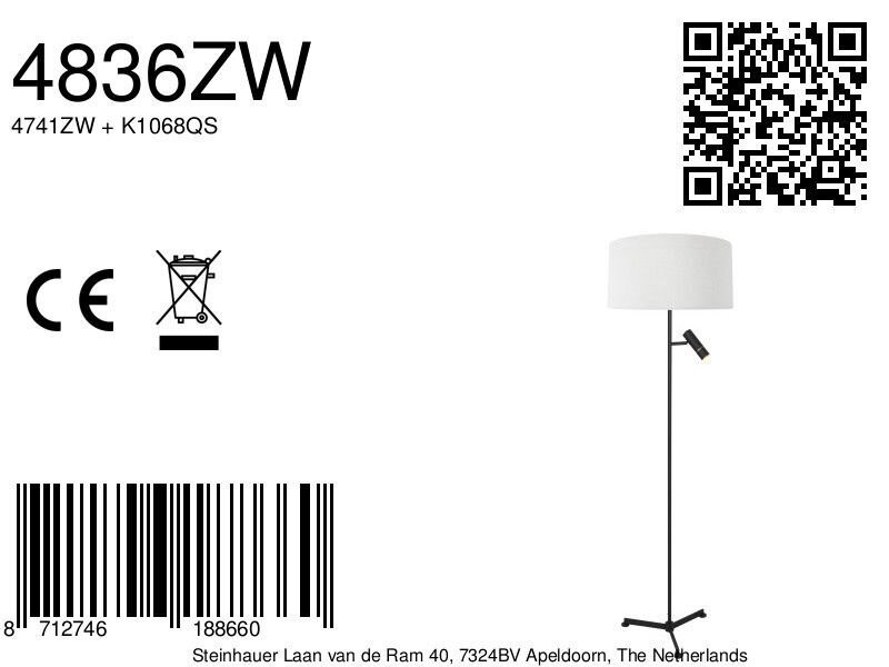 Vloerlamp Stang 4836ZW met leeslicht en witte kap - Afbeelding 7