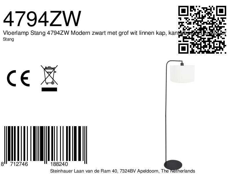Vloerlamp Stang 4794ZW met grof wit linnen kap - Afbeelding 7