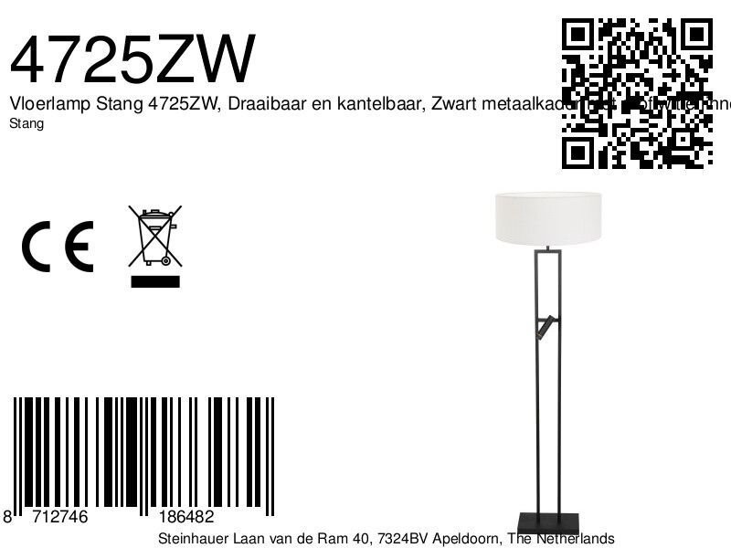 Vloerlamp Stang 4725ZW met grof wit linnen kap en leeslicht - Afbeelding 7