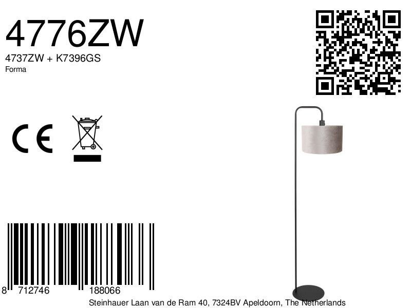 Vloerlamp Stang 4776ZW zwart met grijs/taupe velours kap - Afbeelding 7