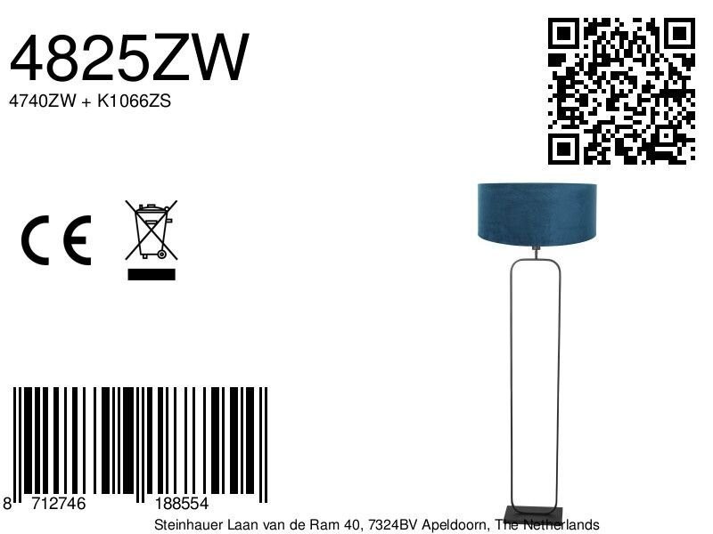 Vloerlamp Stang 4825ZW - zwart armatuur met blauwe velours kap - Afbeelding 7