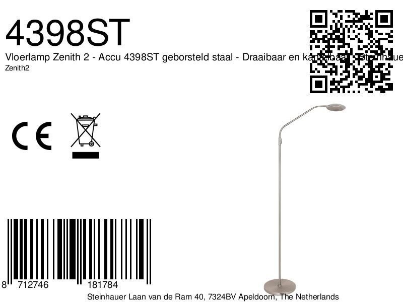 Vloerlamp Zenith 2 accu 4398ST geborsteld staal met flexarm - Afbeelding 7