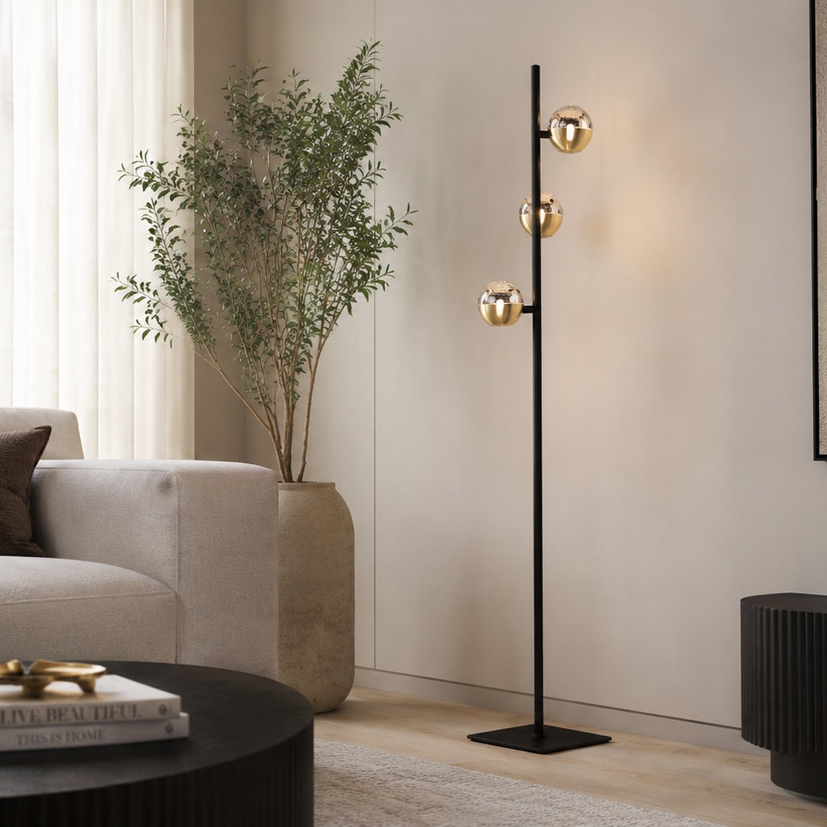 Belluno 4590ME – Zwart messing vloerlamp met dim to warm - Afbeelding 3