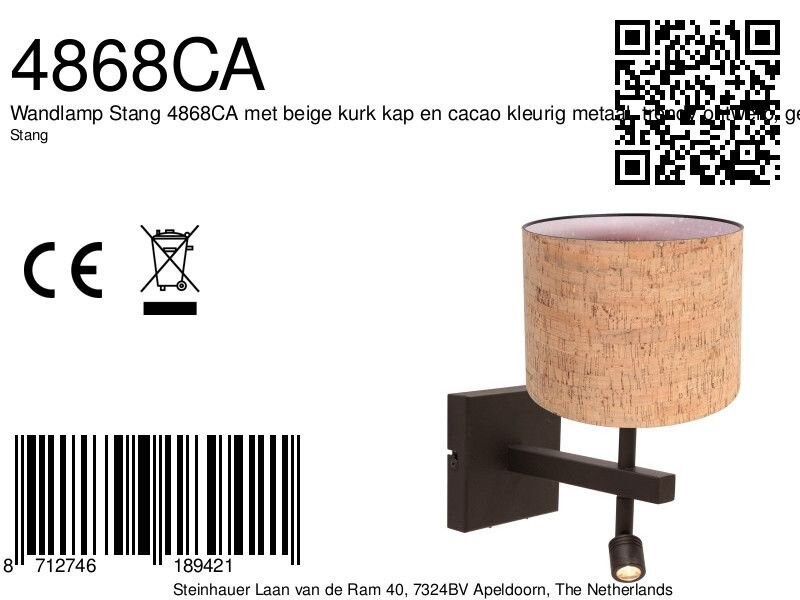 Wandlamp Stang 4868CA met beige kurk kap en leeslicht - Afbeelding 7