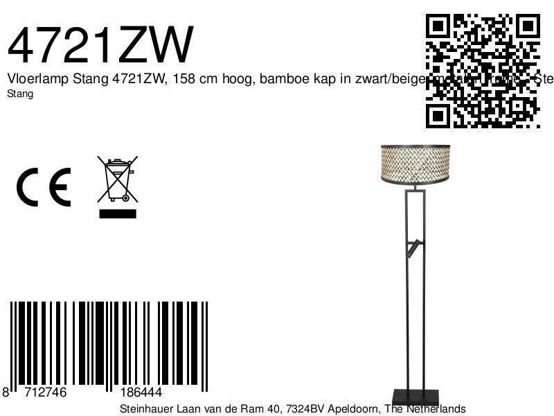 Vloerlamp Stang 4721ZW met zwart beige bamboe kap en leeslicht - Afbeelding 7