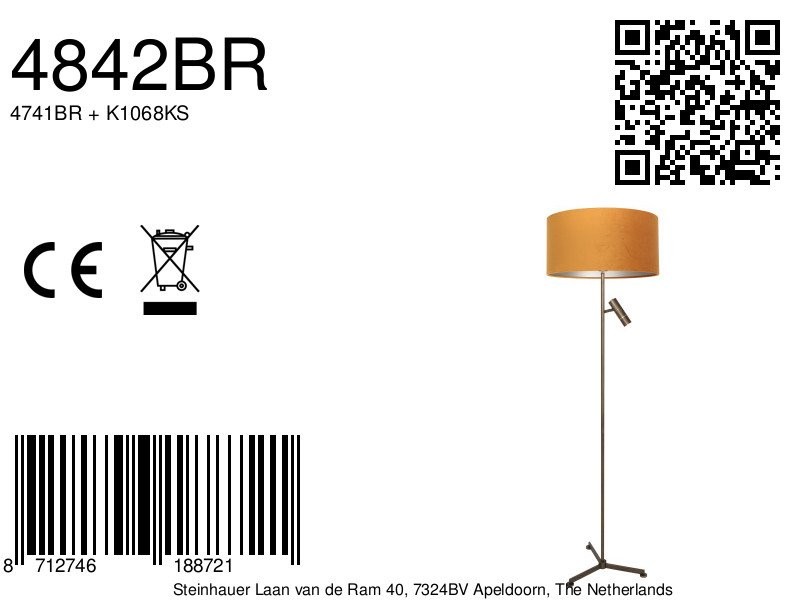 Vloerlamp Stang 4842BR met leeslicht en gouden velours kap - Afbeelding 7