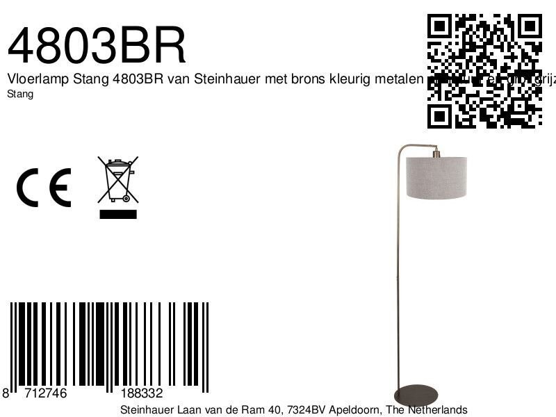 Vloerlamp Stang 4803BR met grof grijze linnen kap - Afbeelding 7