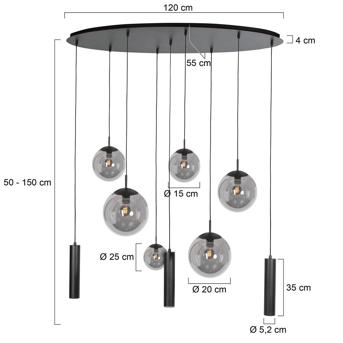 Zwarte hanglamp Bollique 4846ZW, 9-lichts design voor eettafel - Afbeelding 8
