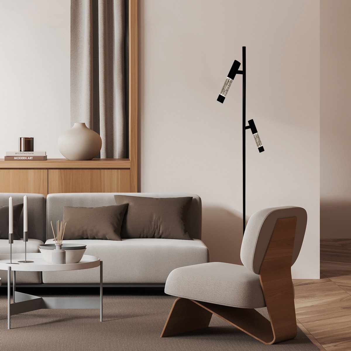 Steinhauer Alisio 4597ZW – Zwarte 2-lichts LED vloerlamp met luxe glas en pushdimmers - Afbeelding 4
