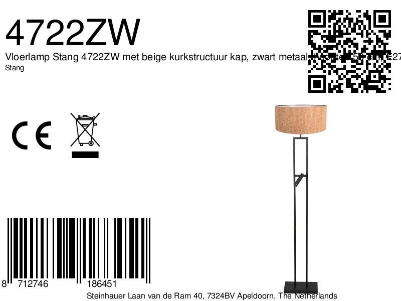 Vloerlamp Stang 4722ZW met beige kurkstructuur kap en leeslicht - Afbeelding 7