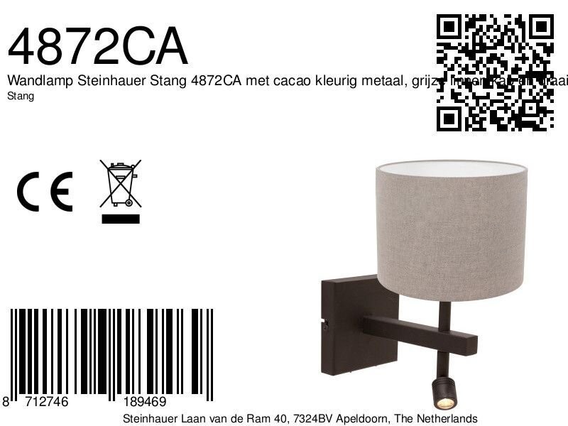 Wandlamp Stang 4872CA met grijze linnen kap en leeslicht - Afbeelding 7