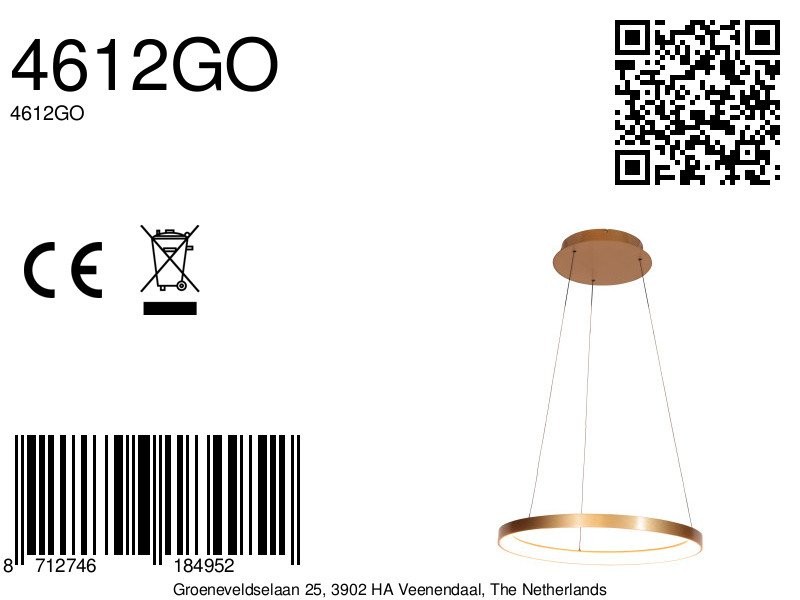 Gouden hanglamp Ringlede 4612GO, met cable-lift - Afbeelding 7