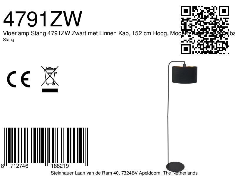 Vloerlamp Stang 4791ZW met zwart linnen kap - Afbeelding 7