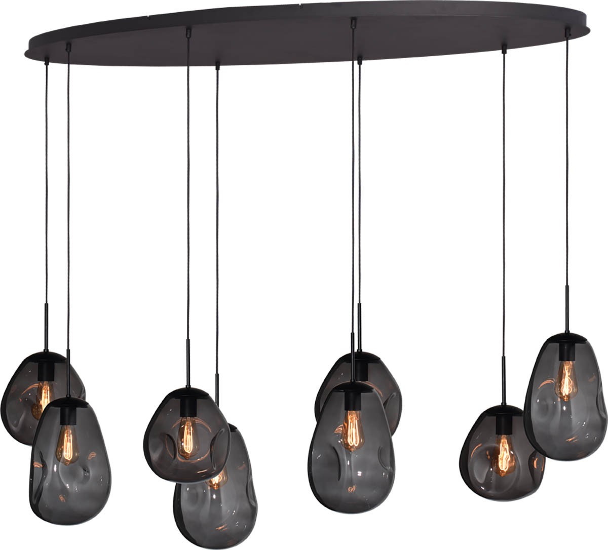 Hanglamp Masterlight Lava – Mat zwart met zwart glas – 8-lichts 160 x 60 cm
