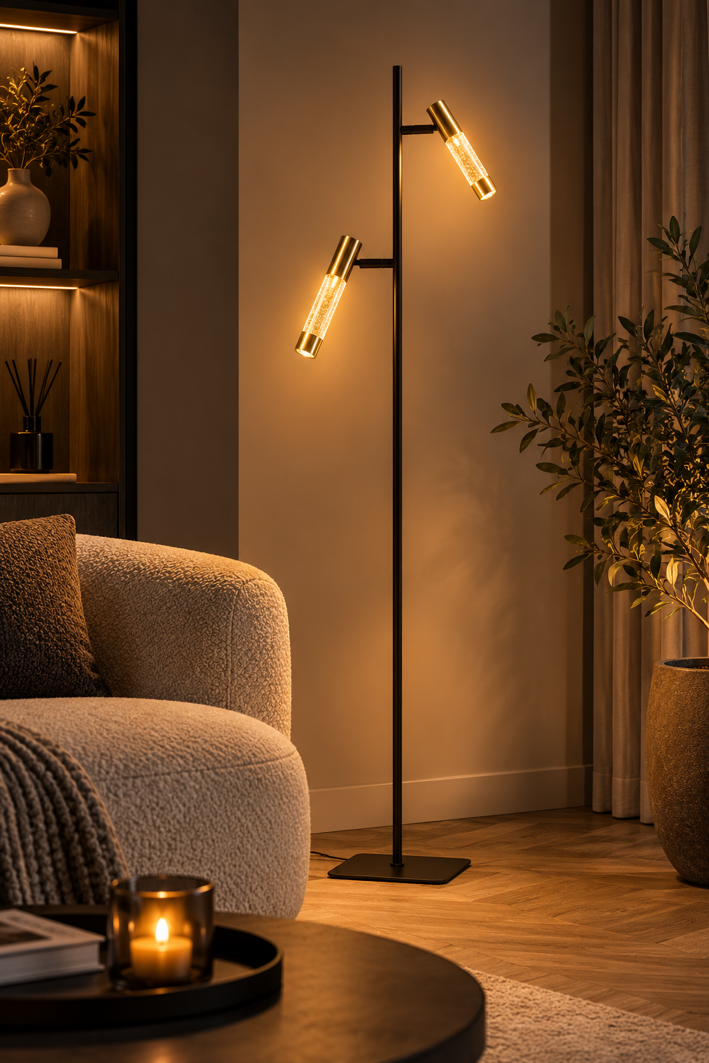 Steinhauer Alisio 4597ME – Messing 2-lichts LED vloerlamp met handgeblazen glas en pushdimmers - Afbeelding 2